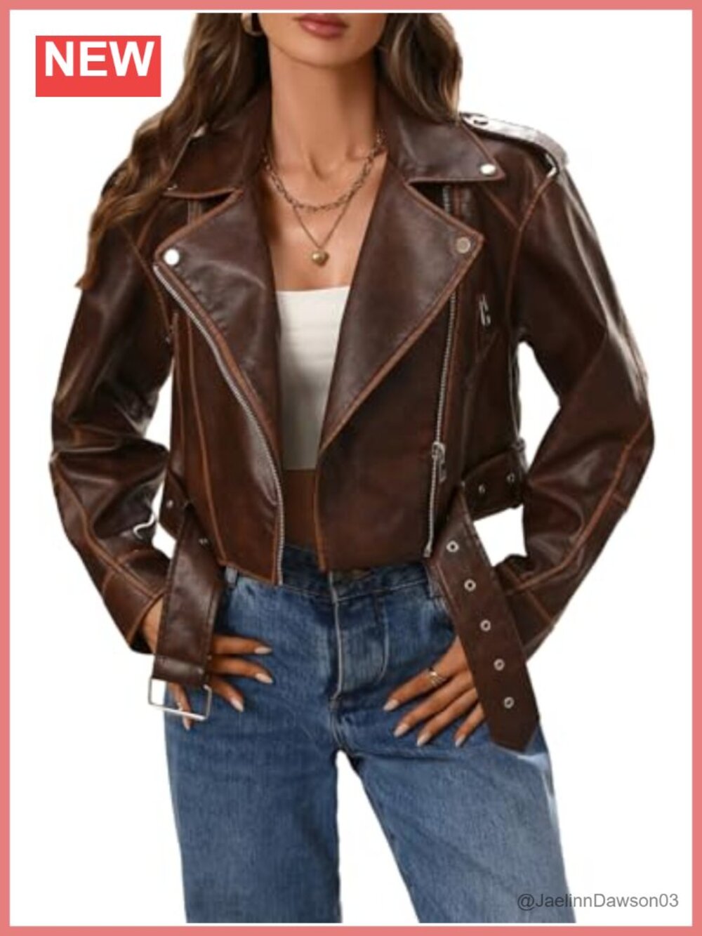 Faux Leather Cropped Moto Biker Jacket with Belt Zip Up